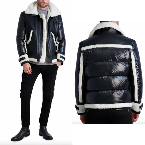 $699 Karl Lagerfeld Black White Shearling Trim Moto Buckle Jacket Men's size XXL